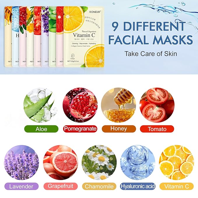 9 Pack Collagen Face Masks Skincare for Women, Hydrating Sheet Face Masks Suitable for All Skin Types, Bulk Facial Masks for Women Skin Care, Face Mask Gifts Set for Spa Party