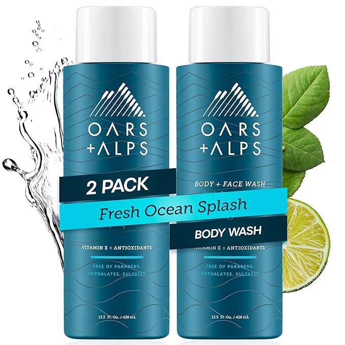 Oars + Alps Body Wash for Men, Mens Body Wash with Vitamin E and Antioxidants, Moisturizing, Hydrating, Paraben & Sulfate Free Cleanser, Fresh Ocean Splash, 2pk