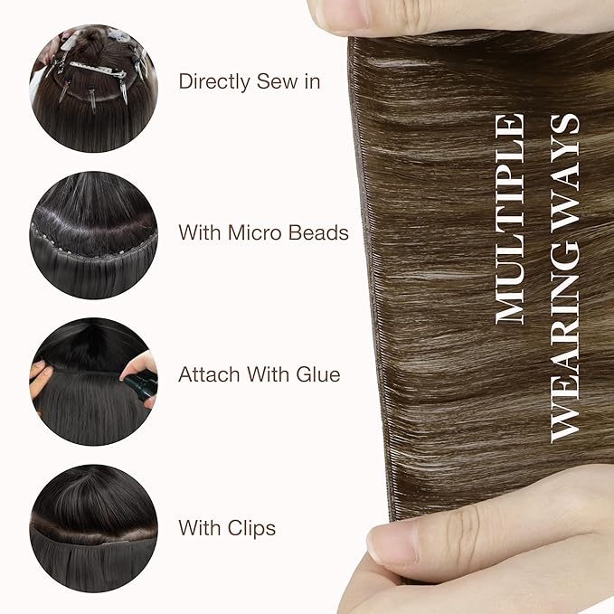 GOO GOO Genius Human Hair Extensions - Sew In Rooted Remy Weft, 4/26/4 Balayage Chocolate Brown to Honey Blonde, 14 Inch 40g, Hand Tied