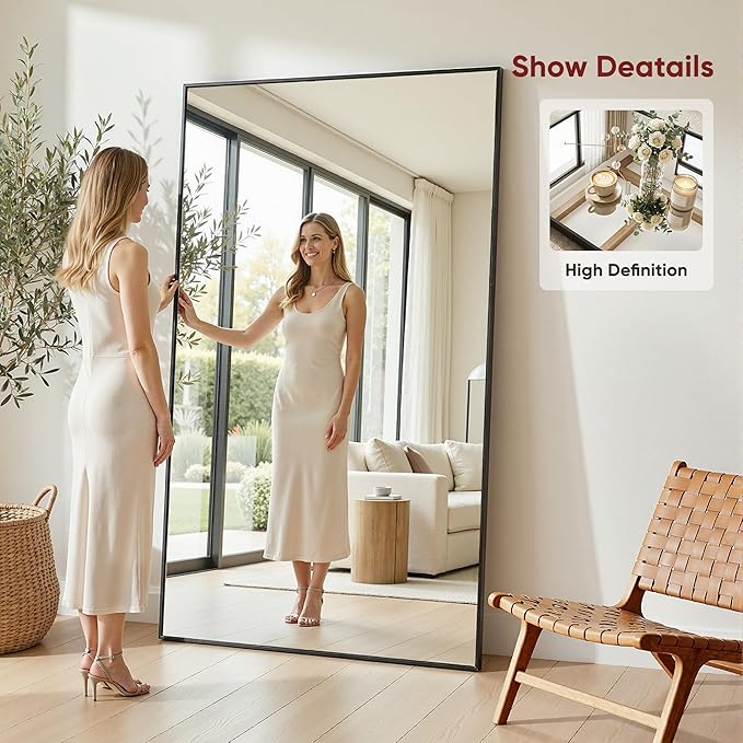 Suidia Full Length Mirror, 44"x72" Floor Mirror Freestanding, Rectangular Full Body Mirrors with Stand for Bedroom, Hanging Mounted for Living Room Cloakroom, Black