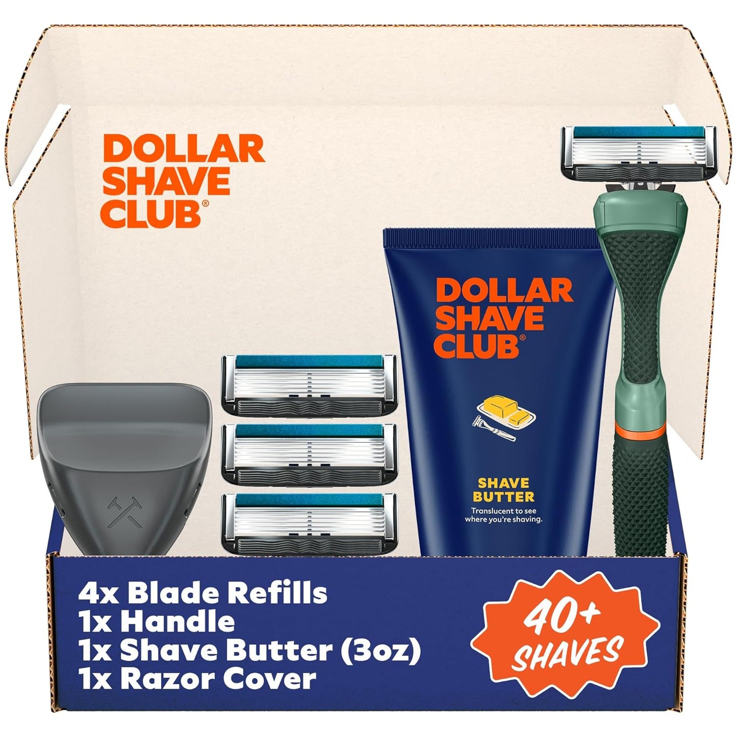 Dollar Shave Club | The Member Exclusive Shave Set | 4 Extra Close Refill Cartridges, 1 Handle (Green), 1 Shave Butter 3 ounce, 1 Razor Cover, Razors for Men