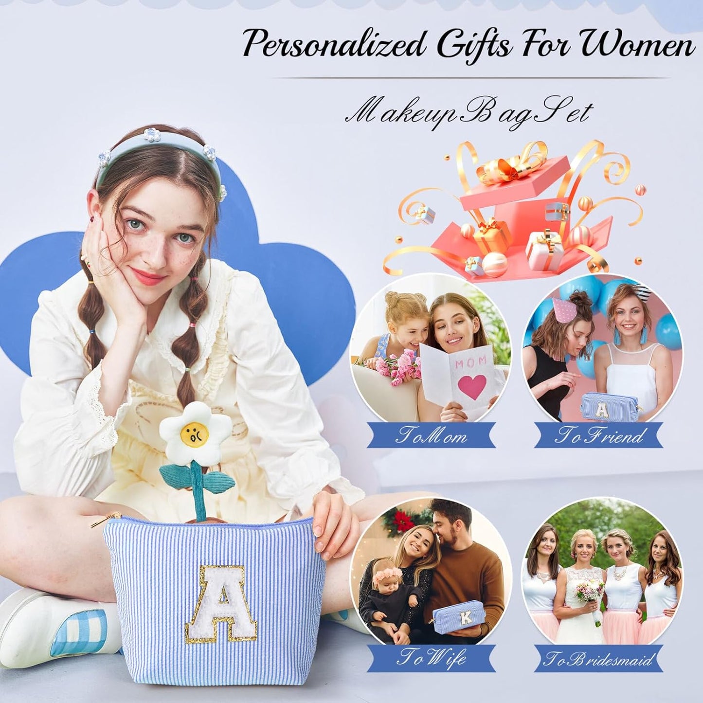 YOOLIFE Personalized Gifts for Women, Initial Makeup Bag with Makeup Pouch Cosmetics Organizer Bag Cute Makeup Bag Wedding Mothers Day Gifts Wedding Gifts for Sister Wife Friend Female Mom Blue N