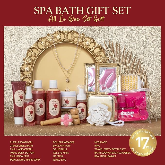 21Pcs Bath and Body Gift Basket Set for Women Valentines Day Gifts- Rose Vanilla XL Spa Gift Basket for Women Gifts｜ Bath Gift Set Home Spa Self Care Kit Necklace Finger Ring gift, Birthday Gift