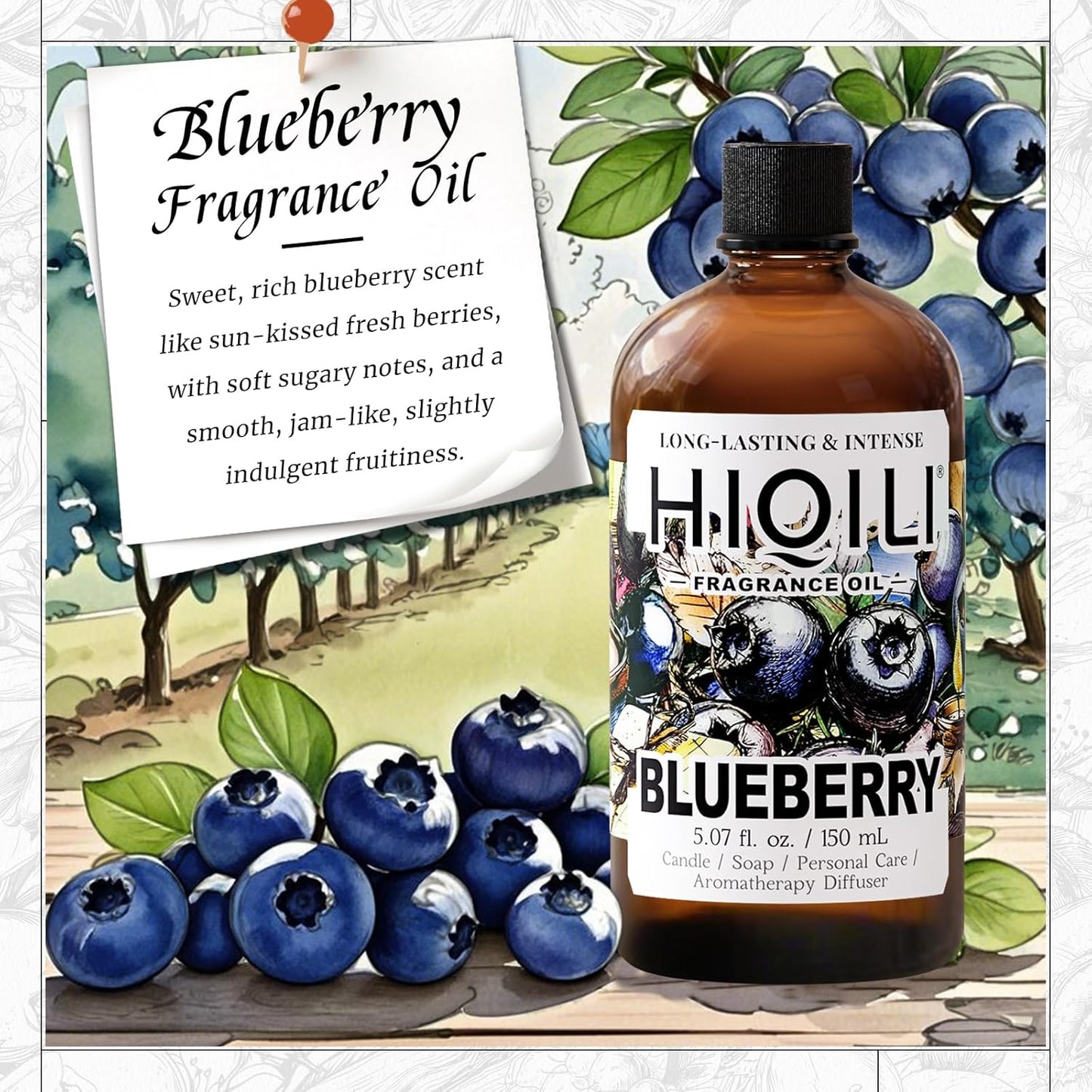 HIQILI Blueberry Fragrance Oil for Candle & Soap Making, Fruity Scents for Reed Diffuser Oil Refill, Add to Lotion, Body Wash - 5.07 Fl Oz