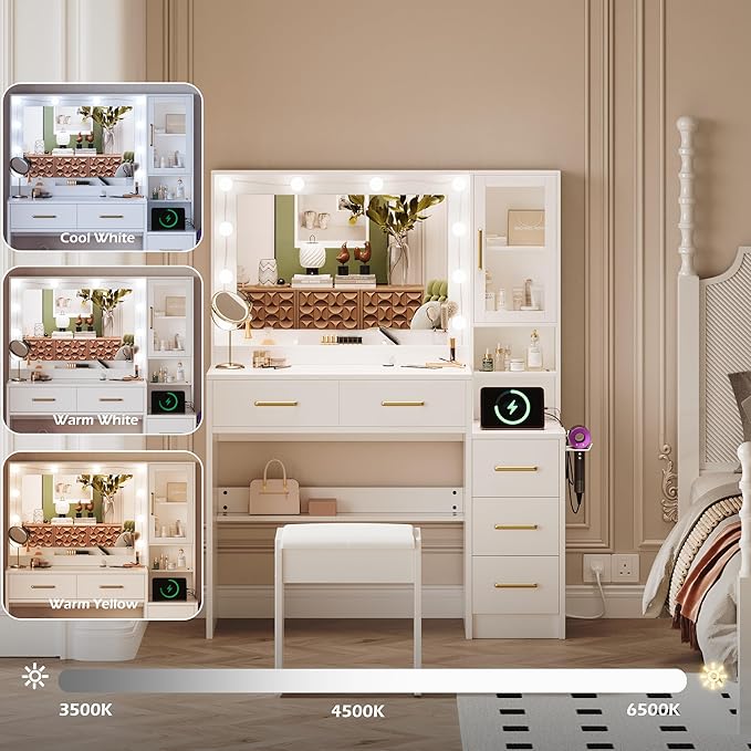 White Vanity Table with Drawer Dresser, Farmhouse Vanity Makeup Desk with Charging Station, Vanity Desk with Lights Mirror & Drawers for Makeup,Vanity Desk with Storage Shelf & 5 Drawers (Gold Handle)