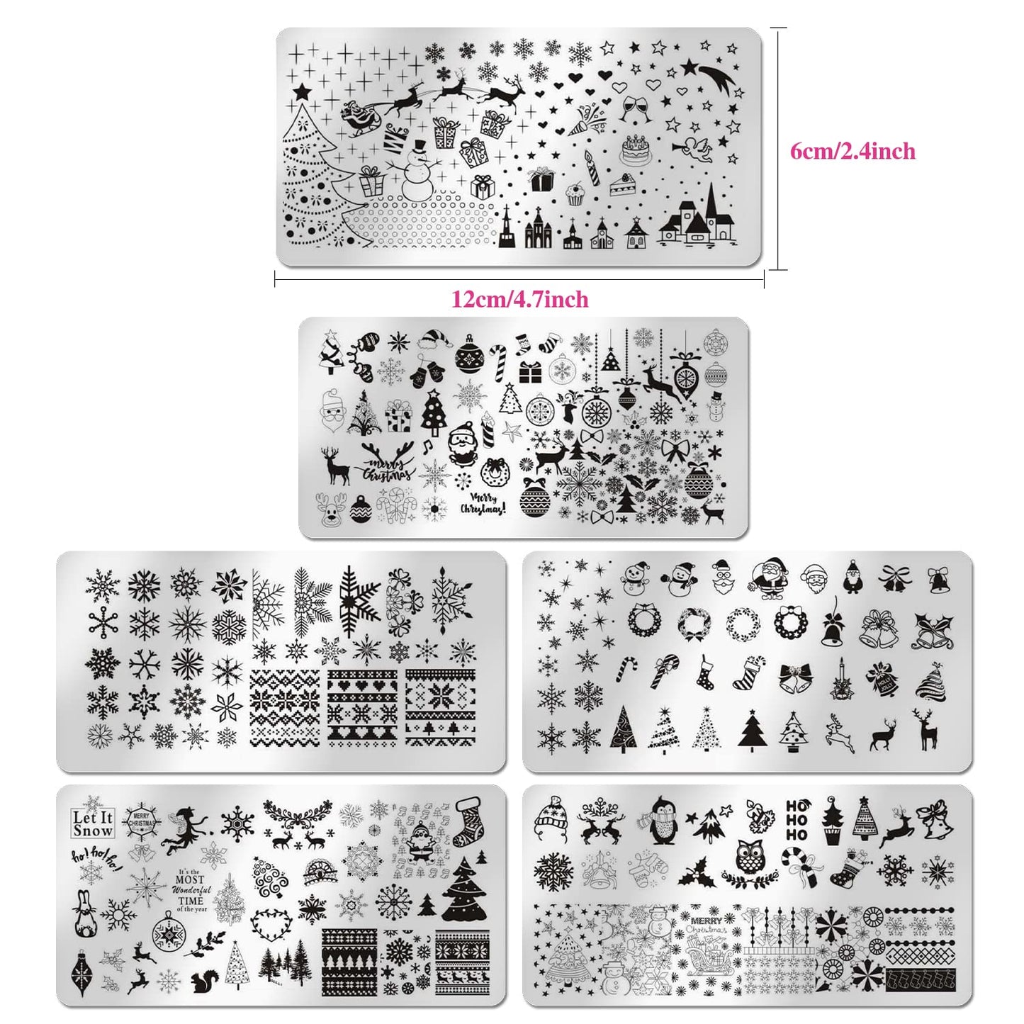 WOKOTO Christmas Nail Stamping Set - 6Pcs Plates With Santa Claus, Elk, Snowflakes Images - Art Templates and Tools for Holiday Manicure