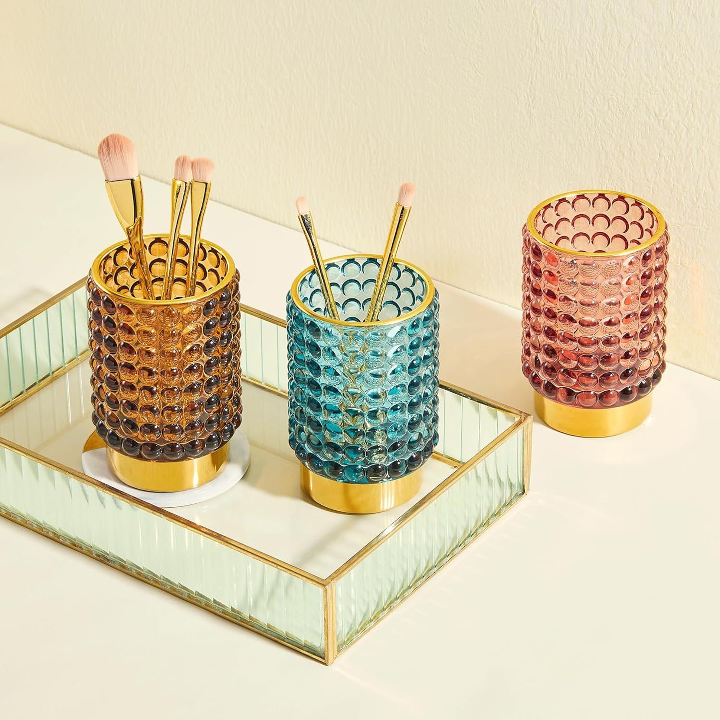 Makeup Brush Holder Organizer,Toothbrush Holders,Desk Pen Pencil Holder,Multifunctional Vintage Glass Brush Cup(A38-9-US/Brown/L)