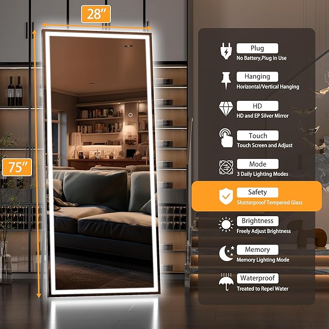 Hasipu Full Length Mirror with Lights, 75" x 28" LED Lighted Floor Standing, Full Body Dressing Hanging Mounted Mirror, Dimmable, Tempered Glass, Safe to Use, Square Black