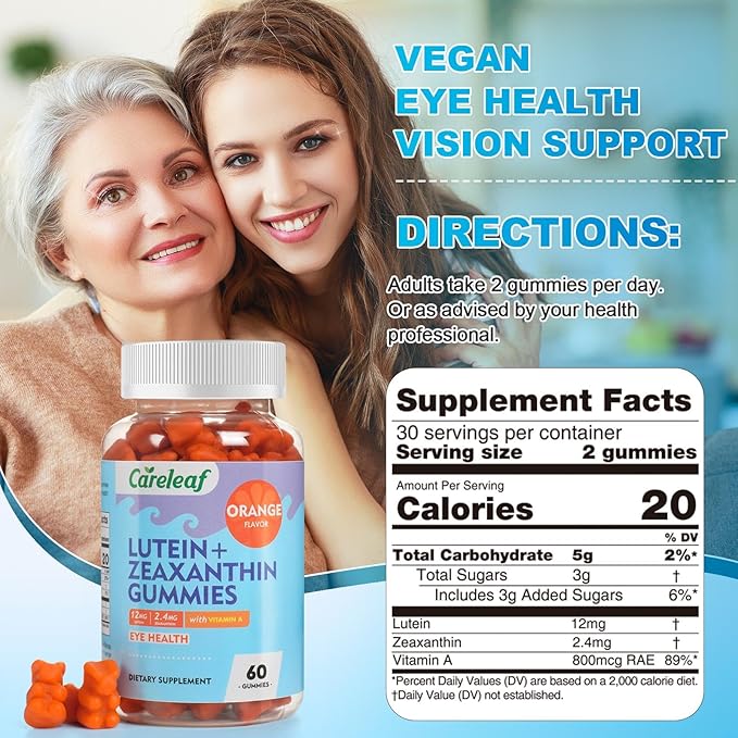 Vegan Lutein and Zeaxanthin Supplements, Lutein for Eyes with Zeaxanthin & Vitamin A, Lutein Gummies for Dry Eye Relief & Clear Vision, Eye Vitamins for Seniors & Kid, 60 Count, Orange Flavor
