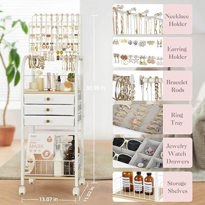 Keebofly Jewelry Organizer Stand with 3 Drawers, Large Necklace Holder & Earring Organizer Rack, Wooden Jewelry Tree Tower for Rings, Bracelets, Sunglasses and Skincare, Gift for Women, White