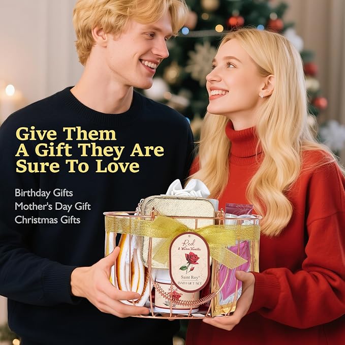 21Pcs Bath and Body Gift Basket Set for Women Valentines Day Gifts- Rose Vanilla XL Spa Gift Basket for Women Gifts｜ Bath Gift Set Home Spa Self Care Kit Necklace Finger Ring gift, Birthday Gift