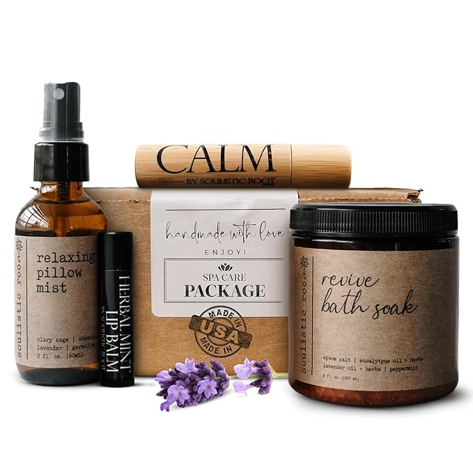 SOULISTIC ROOT Self-Care Set - Luxury Spa Bath Kit, Pillow Mist, Cooling Lip Balm, Tranquil Essential Oil Roller & Epsom Salt Bath Soak Pampering Package, Valentine's Day Holistic Gifts for Him & Her