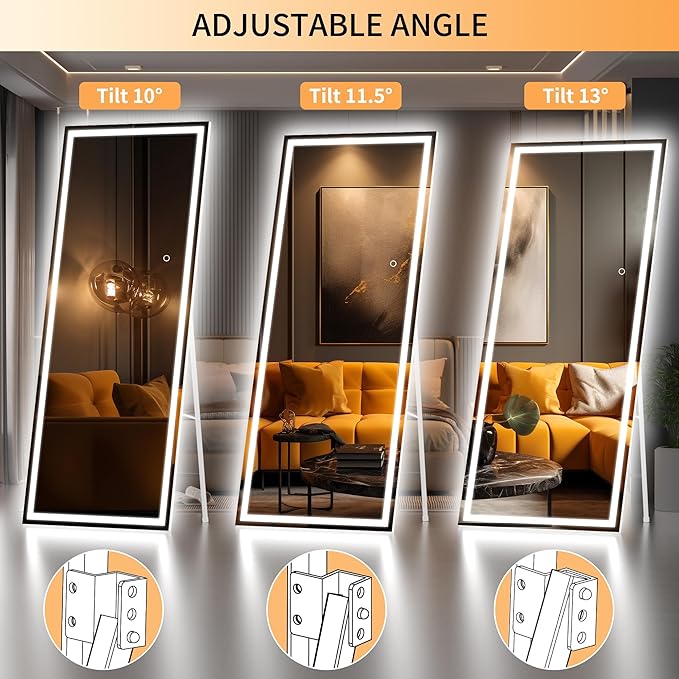 Hasipu Full Length Mirror with Lights, 67" x 24" LED Lighted Floor Standing, Full Body Dressing Hanging Mounted Mirror, Dimmable, Tempered Glass, Safe to Use, Square White