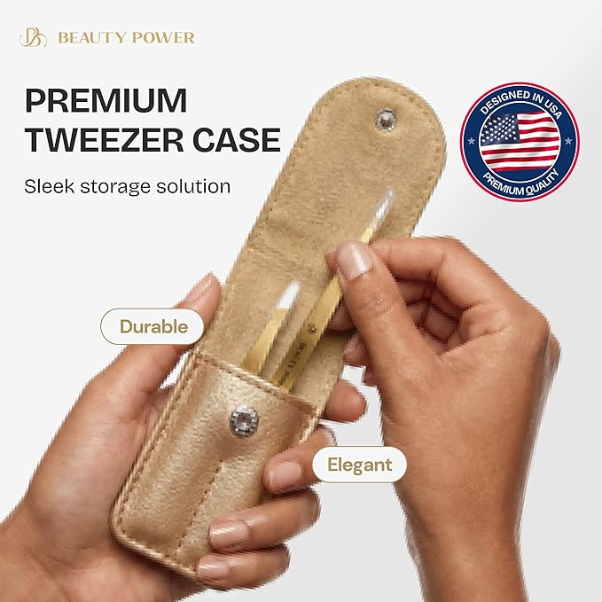 Professional Tweezers Set – Slant & Point, Ultra Precision German Stainless Steel Tweezers for Eyebrows, Chin, Ingrown Hair & Facial Grooming – Lightweight with Travel Case (Matte Gold)