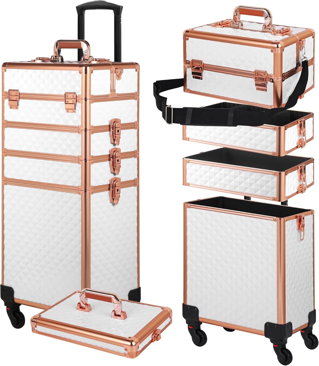 Rolling Makeup Case, Makeup Train Case with Lid, 5 in 1 Cosmetology Case on Wheels, Christmas Gift, Large Makeup Organizers, Profesional Cosmetic Case for Salon Barber, White Gold