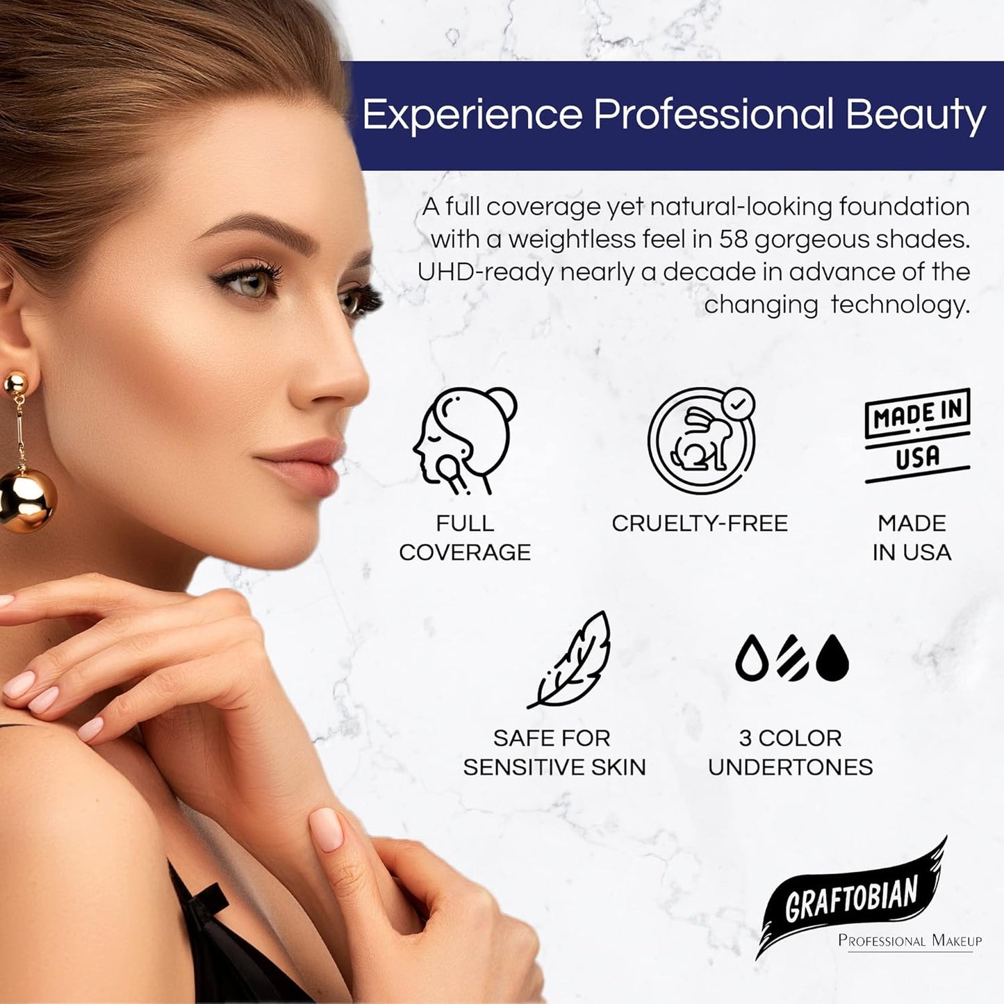 Graftobian HD Glamour Crème Foundation 1/2oz, Weightless Full Coverage Makeup, 65 Inclusive Shades, For All Skin Types, Natural or Full-Glam Looks, For Professionals and Beginners, Graceful Swan