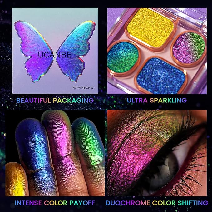 UCANBE Multichrome Chameleon Eyeshadow Makeup Palette, 4 Colors Holographic Metallic Glitter Eye Shadow Pallet, High Pigmented Creamy Duo Chrome Multidimensional Eye Make Up Kit