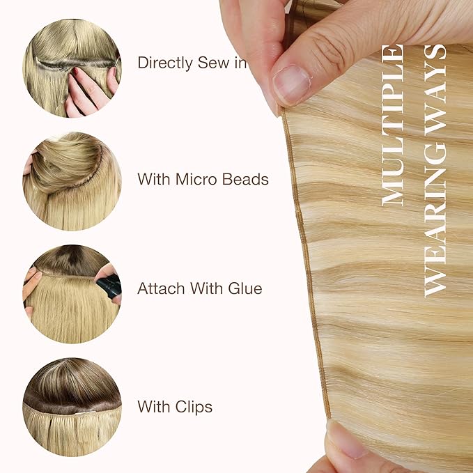 GOO GOO Genius Weft Hair Extensions Human Hair, Sew In Hair Extensions Rooted Remy Weft, 18D/22F Dirty Blonde Highlights 24inch 120g, Hand Tied Weft Hair Extensions