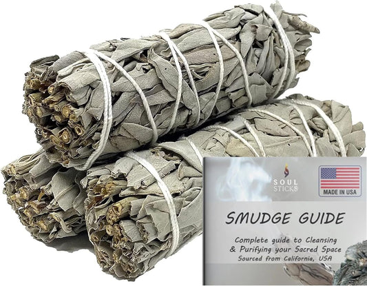 SOUL STICKS 4 Inch 3 Pack Organic White Sage Smudge Smudging Sticks | Bulk Quantities for Home Cleansing, Good Energy Meditation & Smudging Rituals | Sustainably Sourced California White Sage Bundle