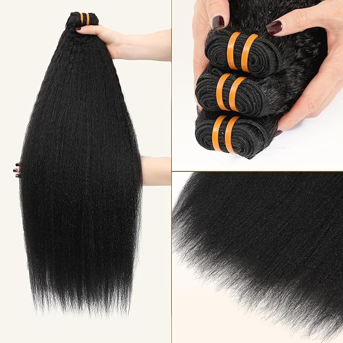 16A Raw Yaki Kinky Straight Bundles Human Hair 100% Brazilian Virgin Bundles, Sliky Boutique Extensions，Full Ends, Vertical Smooth(16 18 20 22 Inch)