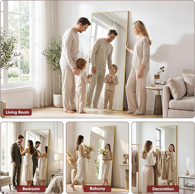 Suidia Full Length Mirror, 71"x32" Floor Mirror Freestanding, Rectangular Full Body Mirrors with Stand for Bedroom, Hanging Mounted for Living Room Cloakroom, Gold