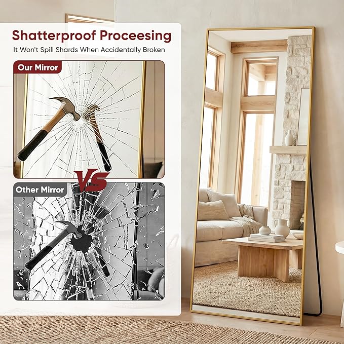 Suidia Full Length Mirror, 71"x32" Floor Mirror Freestanding, Rectangular Full Body Mirrors with Stand for Bedroom, Hanging Mounted for Living Room Cloakroom, Gold