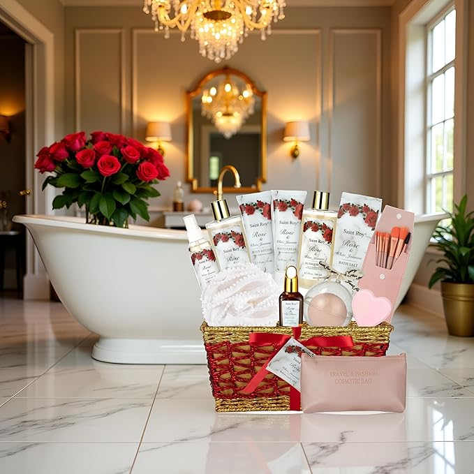 Valentines Gifts for Women - 21-Piece Luxury Rose & Jasmine Spa Gift Basket Set Bath and Body Gift Sets Care Kit with Make up sponge | Valentine's Day, Mothers Day Gifts Baskets for Mom, Wife