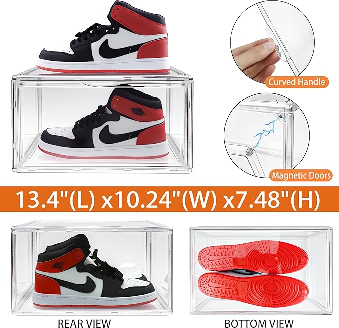 1 Pack Clear Shoe Box, Acrylic Sneaker Display Case Size 12.5, Transparent Storage Box with Magnetic Door, Showcase for Cosmetic, Displays, Action Figures Collectibles, Size 12.5 for Men Women Shoes