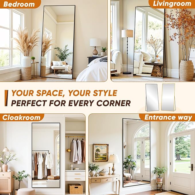 Suidia Full Length Mirror, 76"x34" Floor Mirror Freestanding, Rectangular Full Body Mirrors with Stand for Bedroom, Hanging Mounted for Living Room Cloakroom, Black