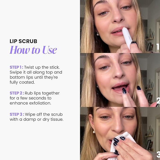 Wonderskin Lip Scrub - 3-in-1 Exfoliator & Moisturizer, Lip Exfoliator Scrub, Hydrating Balm for Soft, Nourished, Flake-Free Lips with One-Step Prep, 0.10oz