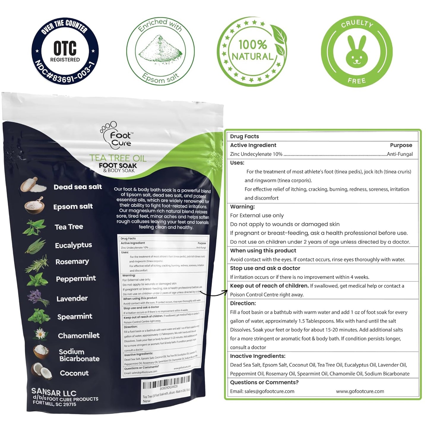 Tea Tree Oil Foot Soak with Epsom Salt - For Toenail Repair, Athletes Foot, Softens Calluses, Soothes Sore & Tired Feet, Nail Discoloration, odor Scent, Spa Pedicure Care - Made in USA 16 oz