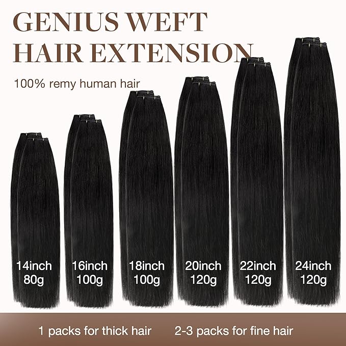 GOO GOO Genius Weft Hair Extensions Human Hair, Sew In Hair Extensions Rooted Remy Weft, 1B Natural black 14inch 80g, Hand Tied Weft Hair Extensions