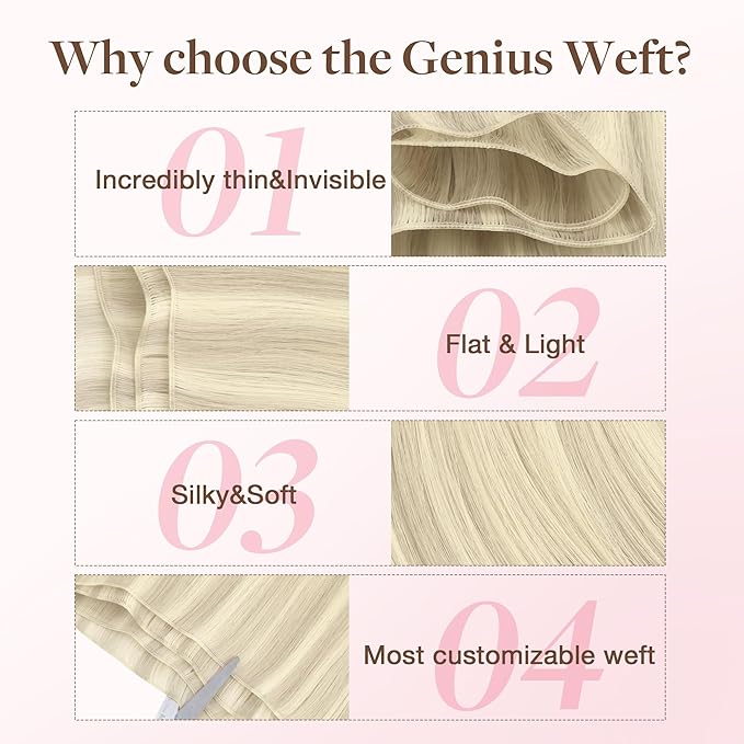 GOO GOO Genius Human Hair Extensions - Sew In Remy Weft, 17A/60A Ash Blonde Highlighted Platinum Blonde, 18 Inch 100g, Hand Tied