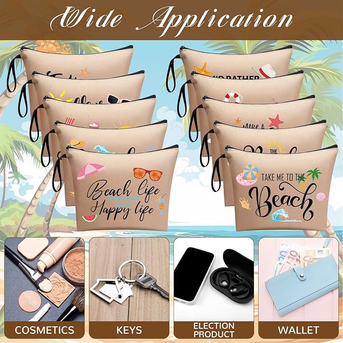 10 Pcs Beach Themed Cosmetic Bags Bulk Zipper Pouch Makeup Bag for Women Girls Sea Weekend Travel Vacation Trip Gifts Supplies Summer Party Favors Beach Accessories