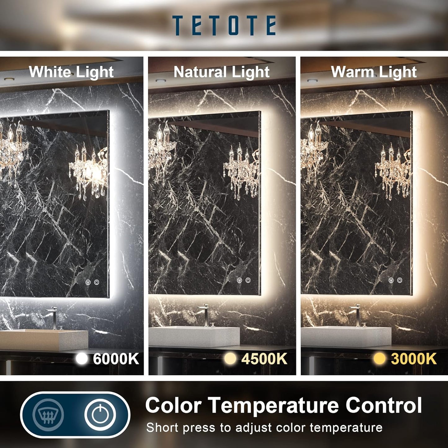 TETOTE 36x36Inch LED Backlit Bathroom Mirror with Lights,3Color White/Warm/Natural,Anti-Fog Lighted Mirror,Dimmable,Vanity Mirror,Wall Mounted