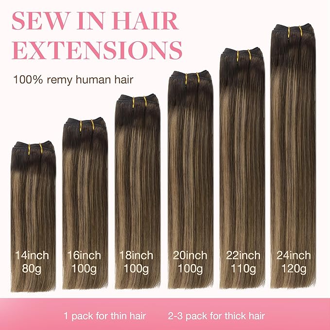 GOO GOO Sew in Hair Extensions Real Human Hair, Weft Hair Extensions Human Hair, 4/27/4 Balayage Chocolate Brown to Caramel Blonde 16inch 90g, Weft Bundles Straight Silky Remy Hair