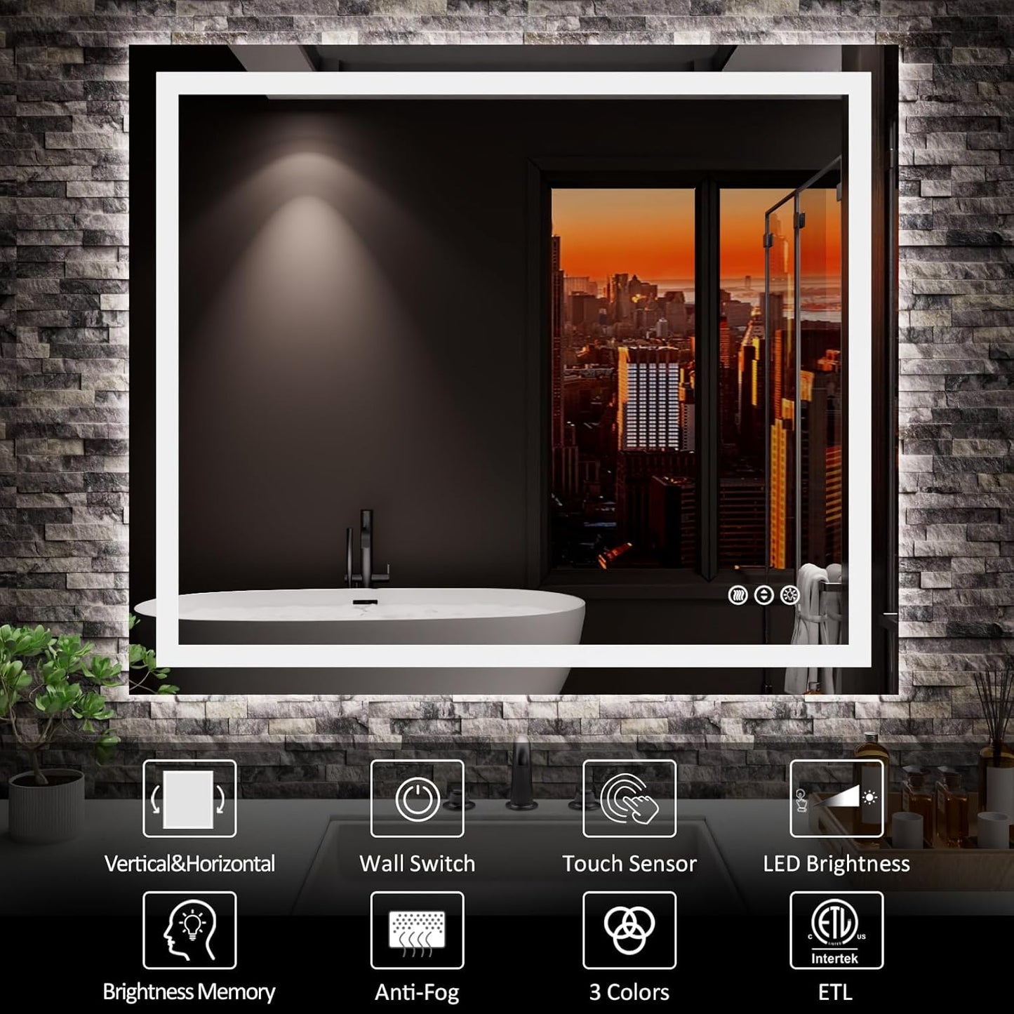 Amorho LED Mirror for Bathroom 36" X30" with Front Light and Backlit, Stepless Dimmable, Anti-Fog, Shatter-Proof, Memory, 3 Colors, Wall Mount (Horizontal/Vertical)