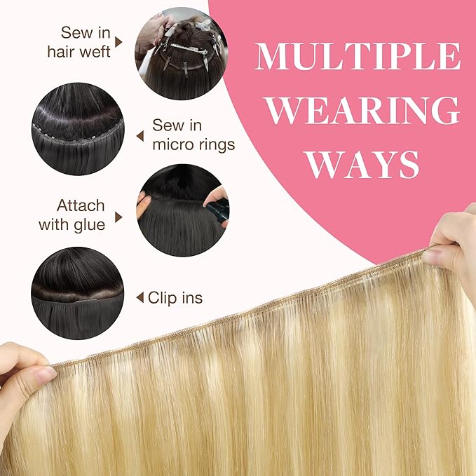 GOO GOO Sew in Hair Extensions Real Human Hair, Weft Hair Extensions Human Hair, 18D/22F Dirty Blonde Highlights 20inch 100g, Weft Bundles Straight Silky Remy Hair