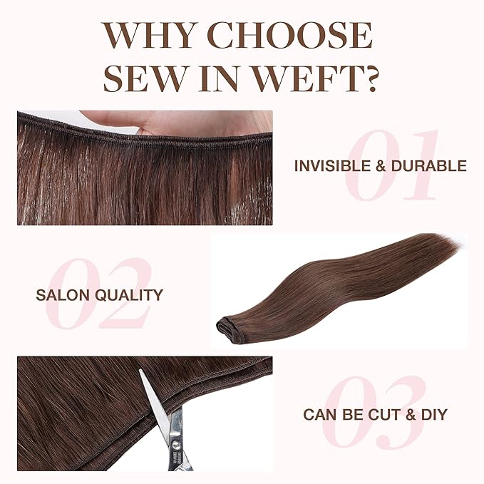 GOO GOO Sew in Hair Extensions Real Human Hair, Weft Hair Extensions Human Hair, 4A Chocolate Brown 20inch 130g, Weft Bundles Straight Silky Remy Hair