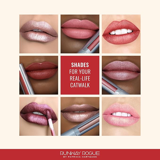 Runway Rogue Pearl Glam Long Wear Shimmer Liquid Lipstick, Metallic Soft Earthy-Red Lipstick with Gold Shimmer, ‘Day Rate’