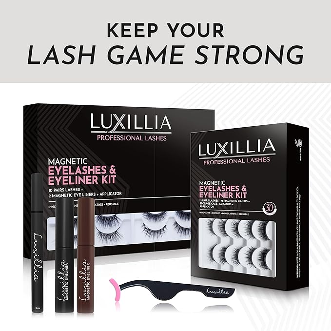 Luxillia Magnetic Eyelashes Kit – 10 Piece (Clear & Black) Magnetic Eyelash & Eyeliner Set with Applicator – Natural Look Easy Apply Reusable Fake Extension Lashes, No Glue – Pestañas Naturales