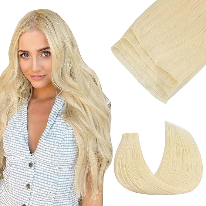 GOO GOO Genius Weft Hair Extensions Human Hair, Sew In Hair Extensions Rooted Remy Weft, 60A Platinum Blonde 24inch 60g, Hand Tied Weft Hair Extensions