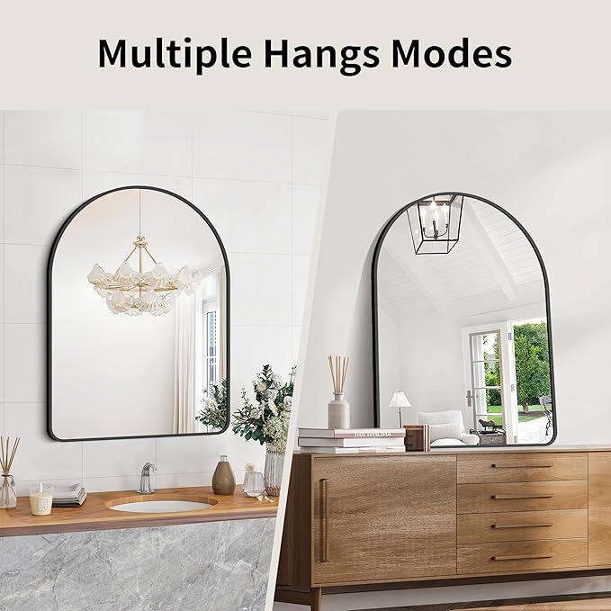 GLASHOM 20"x28" Black Arched Mirror for Bathroom, Wall Mounted Mirror, Aluminum Alloy Brushed Framed Wall Mirror, Anti-Rust, Large Mirror for Over Sink, Bedroom, Entryway Vertically Hanging