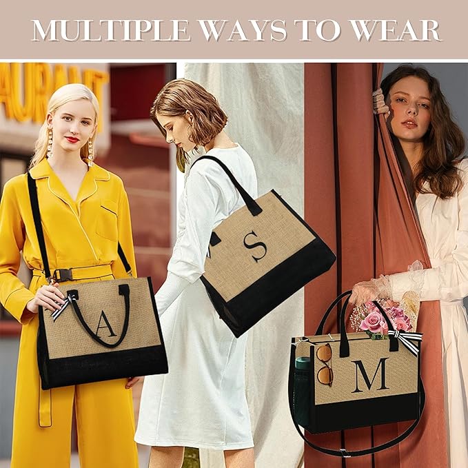 YOOLIFE Valentines Day Gifts for Her - Initial Jute Tote Bag & Makeup Bag, Birthday Gifts for Women Teacher Mom Wife Friend