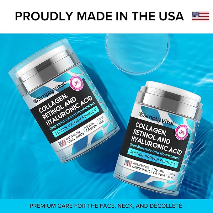 Anti-Aging Face Moisturizer with Retinol, Collagen & Hyaluronic Acid - Made in USA - Moisturizer Face Cream for Women & Men - Firming & Hydrating Neck Cream - Day & Night Skin Care - 3.38 fl oz