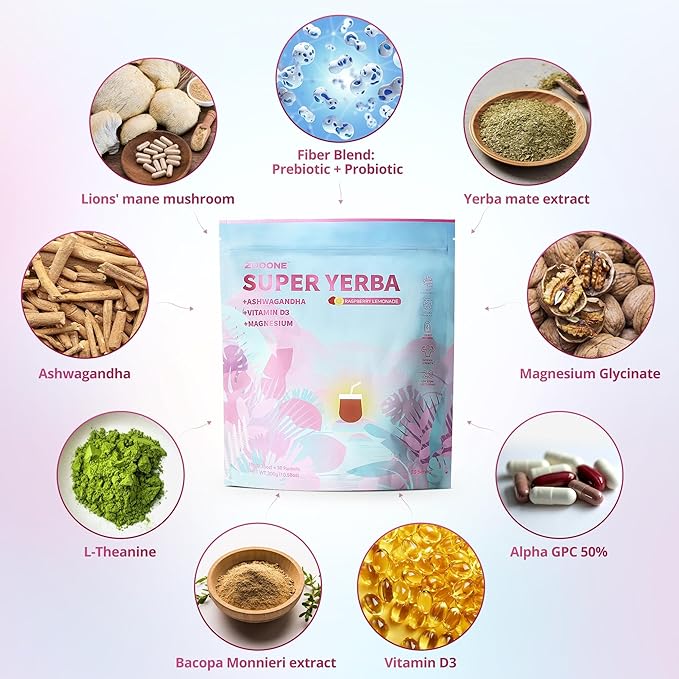 ZOOONE Super Yerba Mate tea Instant Powder 30 Packets- Raspberry Lemonade Flavor | Servings Clean Energy & Focus Boost Brain Fog Buster| Gut Support, Antioxidants