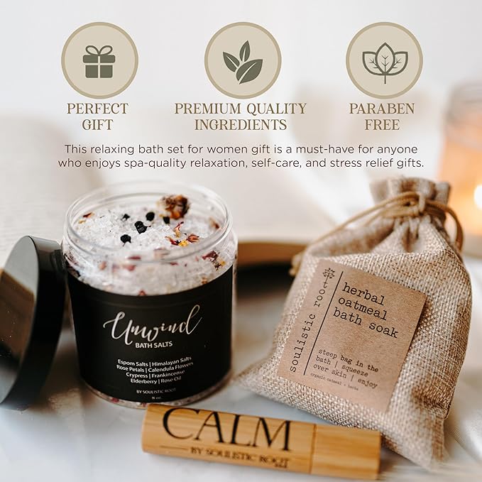SOULISTIC ROOT Revitalizing Bath Gift - Premium Self-Care Bath & Body Set with Lavender Oatmeal Soak, Tranquil Essential Oil Roller, Epsom Salt Soak, Home Spa Kit, Valentine's Day Ready-to-Gift Box