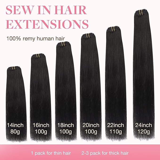 GOO GOO Sew in Hair Extensions Real Human Hair, Weft Hair Extensions Human Hair, 1B Natural black 22inch 110g, Weft Bundles Straight Silky Remy Hair
