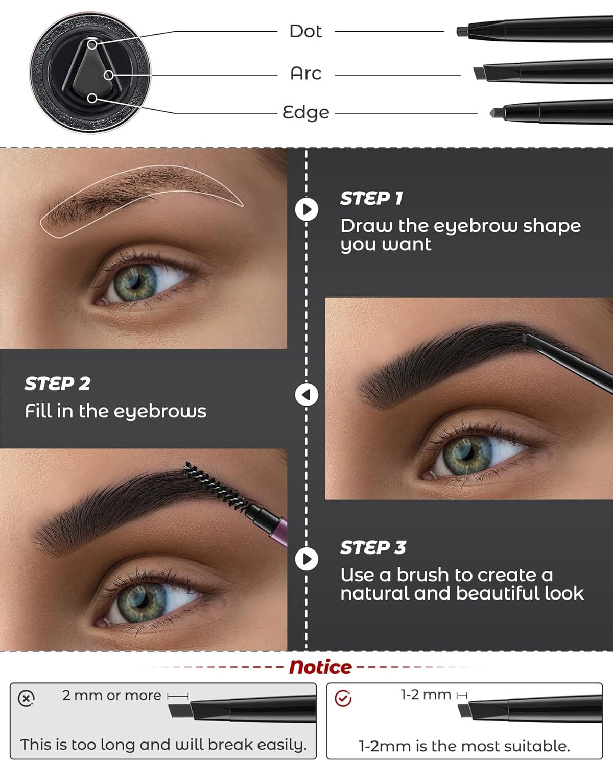 12Pcs Microblading Eyebrow Pencils Black Waterproof Eye Brow Pencil w/Eye Brow Razor & Scissors Kit 0.5mm Ultra-Fine Tip Creates Hair-Like Strokes for Women Effortless Natural Brows