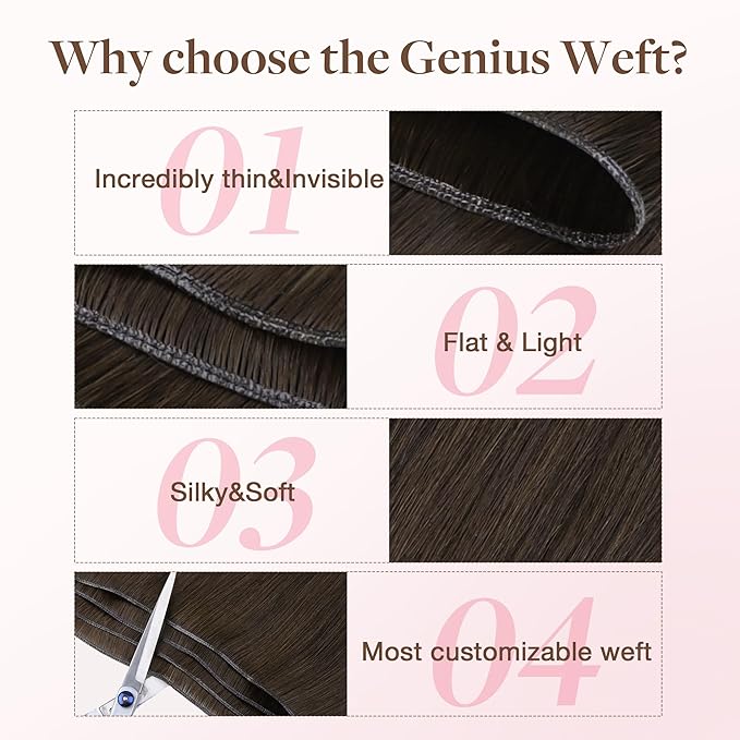 GOO GOO Genius Weft Hair Extensions Human Hair, Sew In Hair Extensions Rooted Remy Weft, 1D/2C/4E Chocolate Dip Color Melt 22inch 120g, Hand Tied Weft Hair Extensions